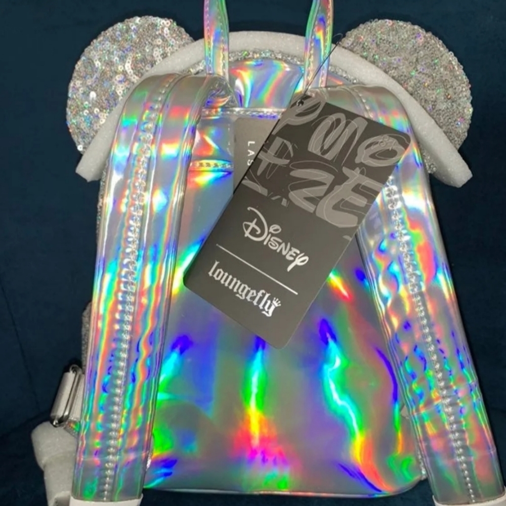 Loungefly Disney Holographic Sequin Minnie Mouse Backpack Silver Rave Bag - OBO - Picture 8 of 8